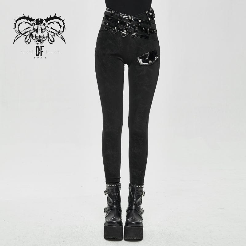 DEVIL FASHION Women's Punk Pentagram Leggings with Faux Leather Strap