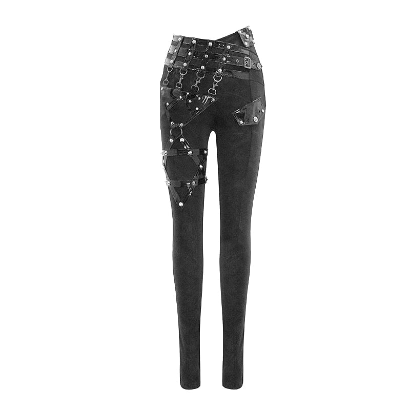 DEVIL FASHION Women's Punk Pentagram Leggings with Faux Leather Strap