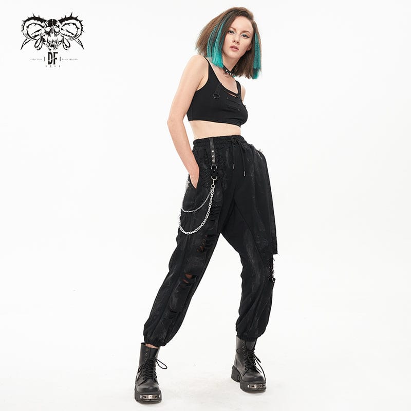 DEVIL FASHION Women's Punk Ripped Metal Chain Lantern Pants