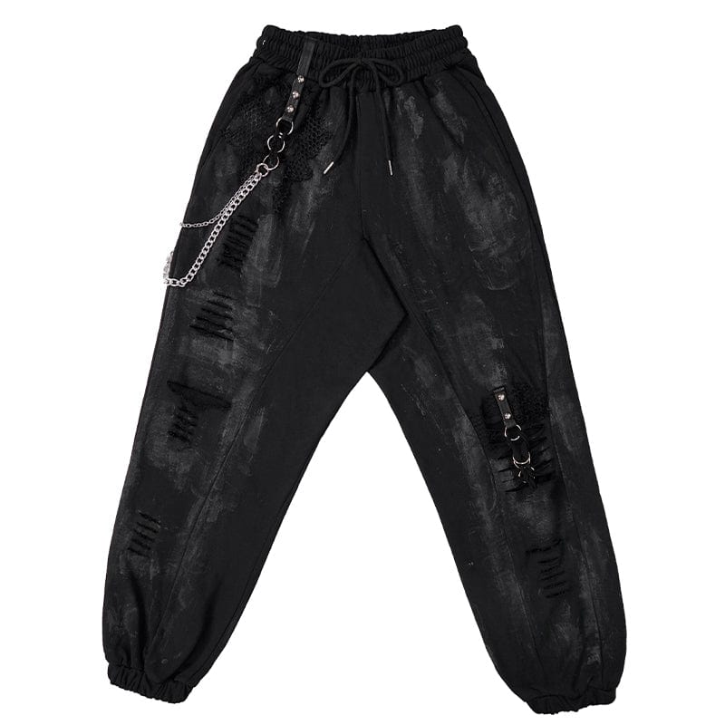 DEVIL FASHION Women's Punk Ripped Metal Chain Lantern Pants