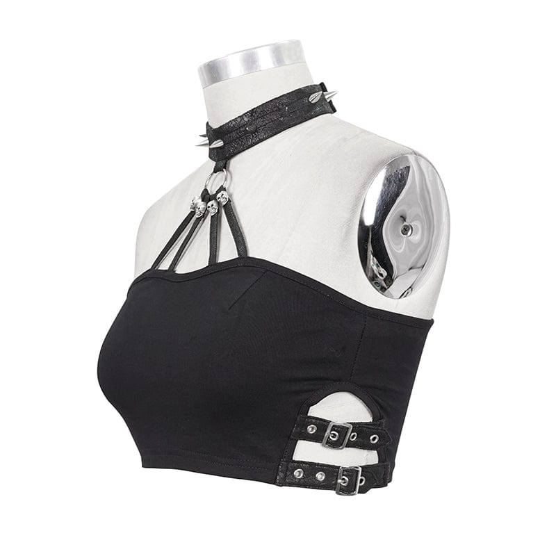 DEVIL FASHION Women's Punk Rivets Skull Halterneck Bustier