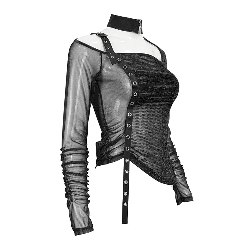 DEVIL FASHION Women's Punk Stand Collar Slash Shoulder Sheer Shirt
