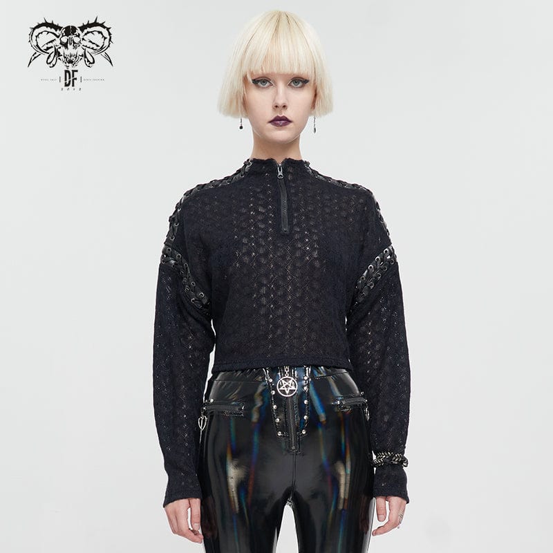 DEVIL FASHION Women's Punk Stitching Zipper Short Sweater