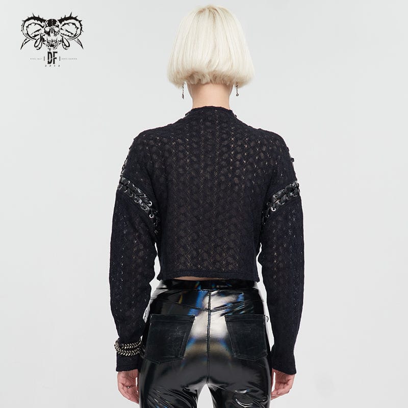 DEVIL FASHION Women's Punk Stitching Zipper Short Sweater