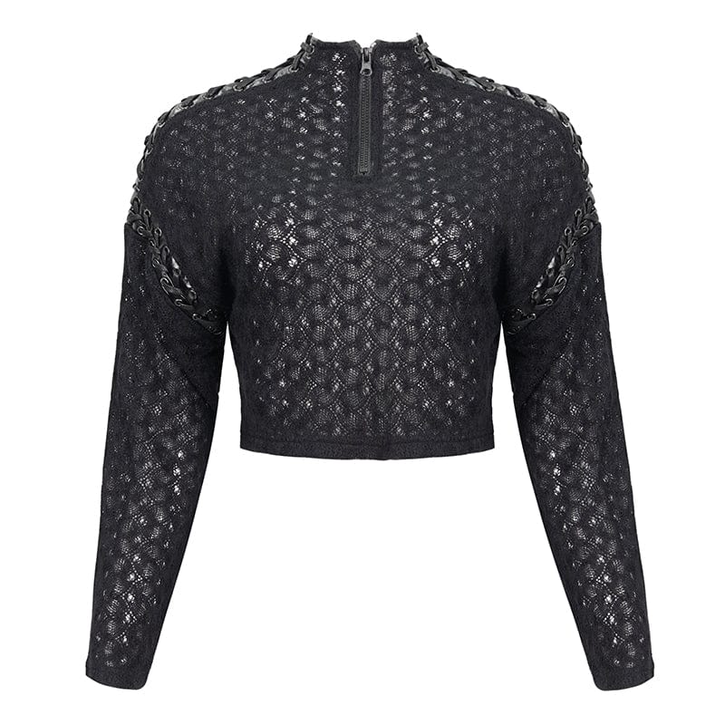 DEVIL FASHION Women's Punk Stitching Zipper Short Sweater