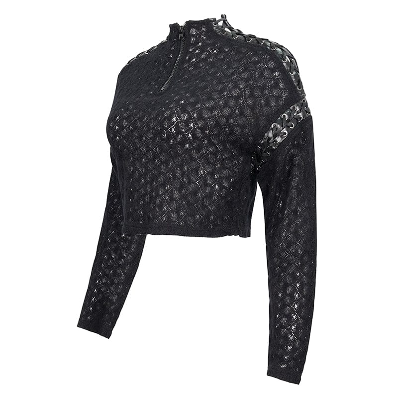 DEVIL FASHION Women's Punk Stitching Zipper Short Sweater