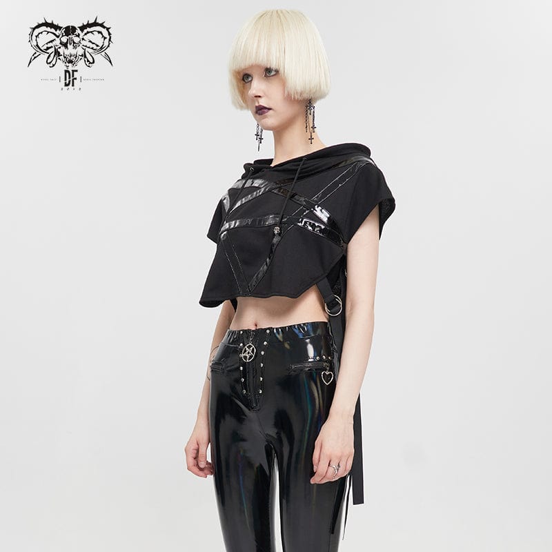 DEVIL FASHION Women's Punk Strap Splice Asymmetric Short Sleeved Crop Top