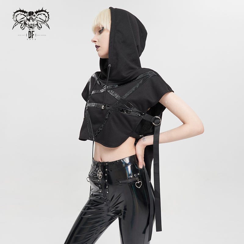 DEVIL FASHION Women's Punk Strap Splice Asymmetric Short Sleeved Crop Top