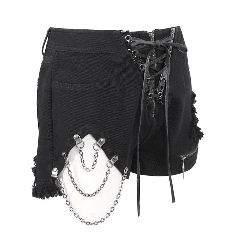 DEVIL FASHION Women's Punk Strappy Irregular Ripped Shorts