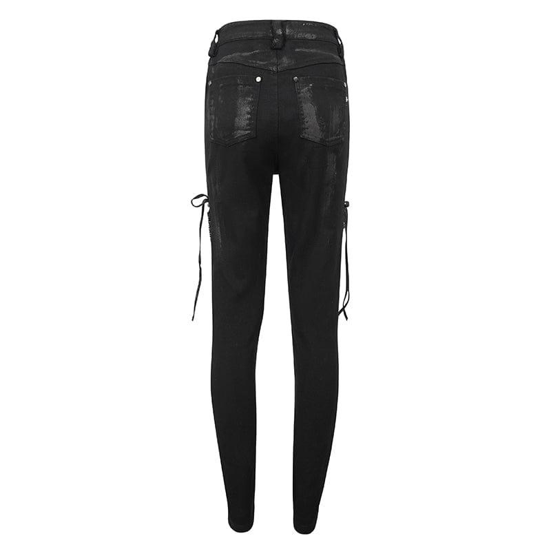 DEVIL FASHION Women's Punk Strappy Mesh Splice Distressed Leggings