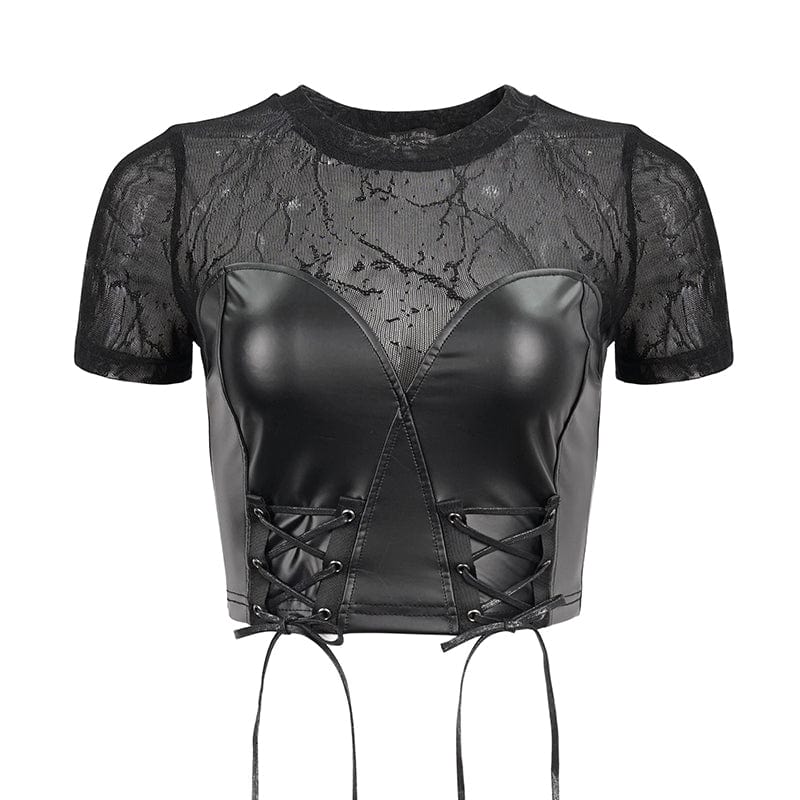 DEVIL FASHION Women's Punk Strappy Mesh Splice Faux Leather Crop Top