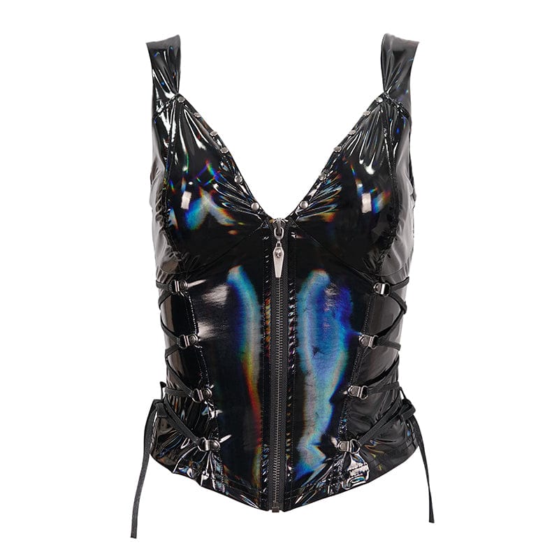 DEVIL FASHION Women's Punk Strappy Plunging Faux Patent Leather Waistcoat