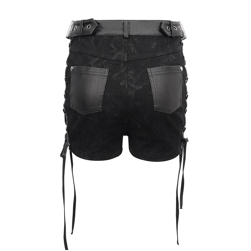 DEVIL FASHION Women's Punk Strappy Tie-dyed Buckle Shorts