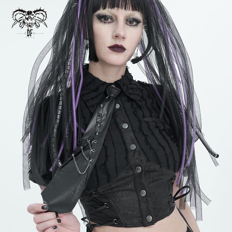 DEVIL FASHION Women's Punk Studded Chain Faux Leather Tie