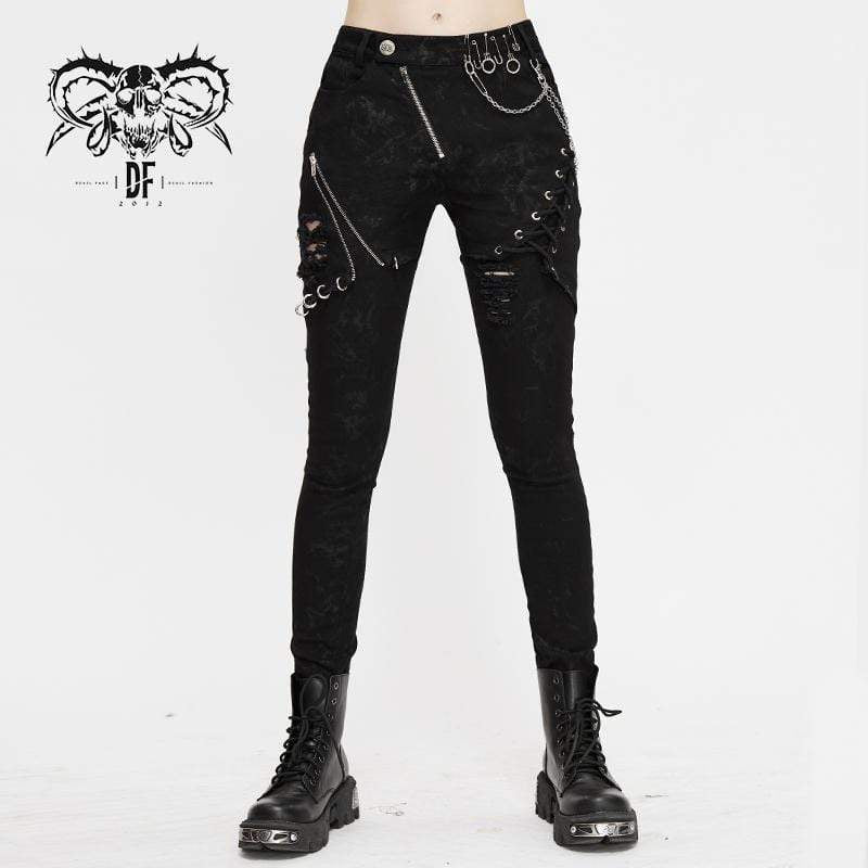 Women's Punk Zip Strappy Chains Pants
