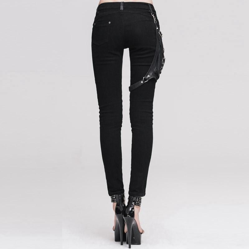 DEVIL FASHION Women's Skinny Punk Pants With Leather Patches