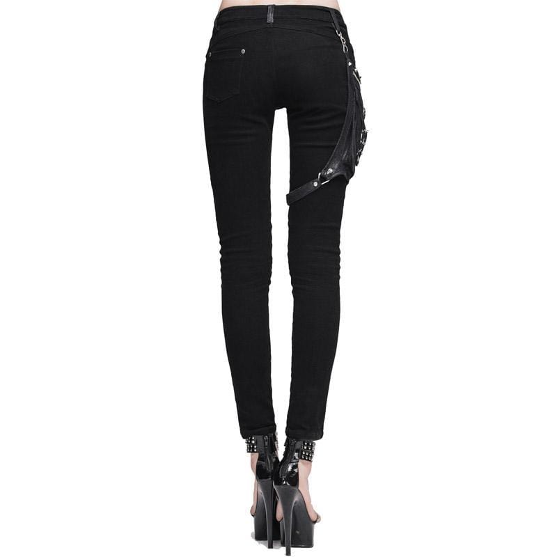 DEVIL FASHION Women's Skinny Punk Pants With Leather Patches