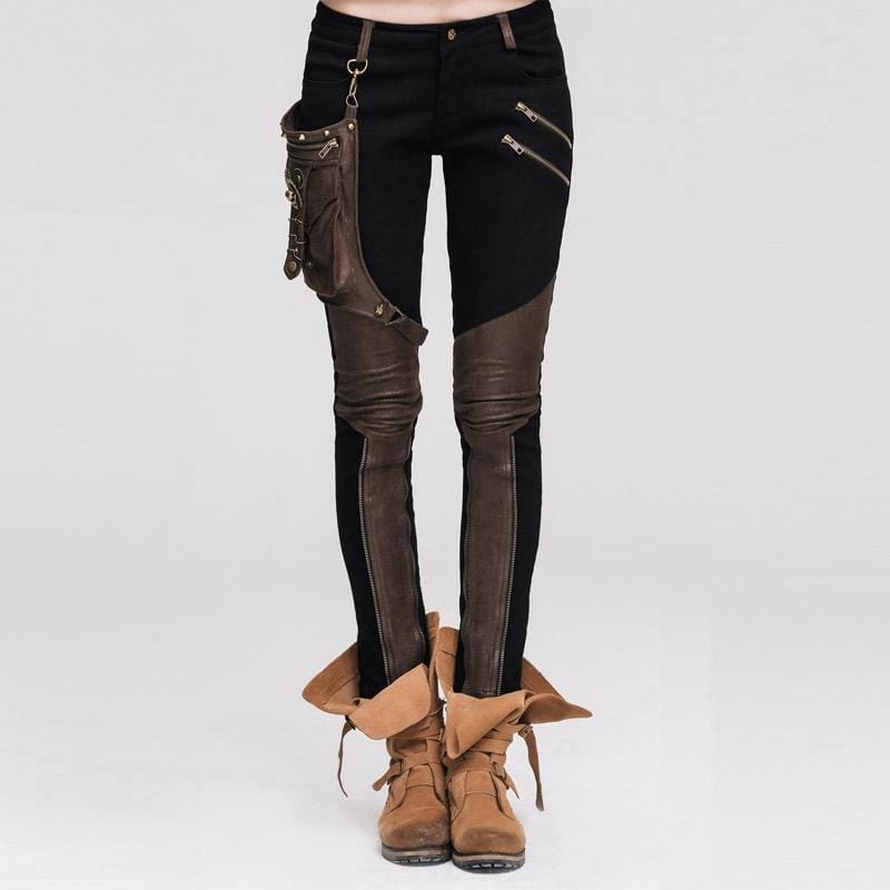 DEVIL FASHION Women's Skinny Punk Pants With Leather Patches
