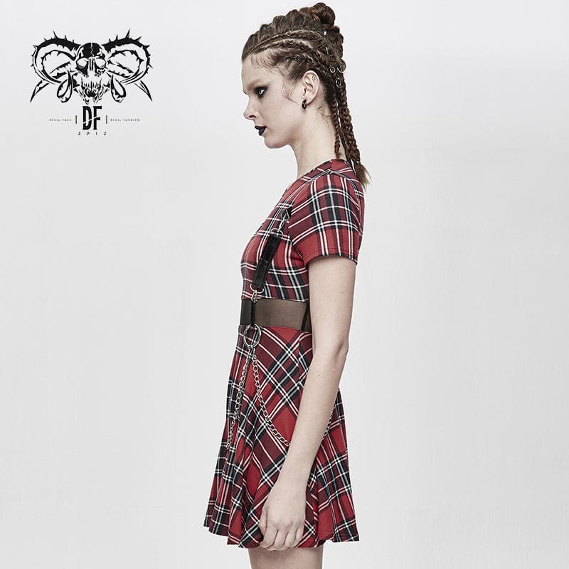 DEVIL FASHION Women's Vintage Gothic Red Plaid Dress