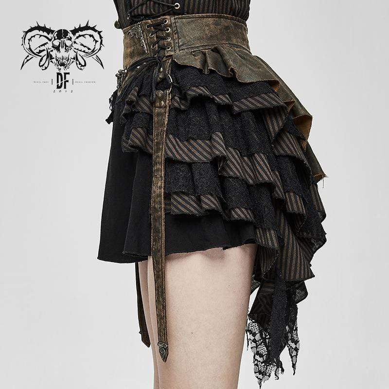 Women's Vintage Lace-up Sashes Ruffles Layered Skirts