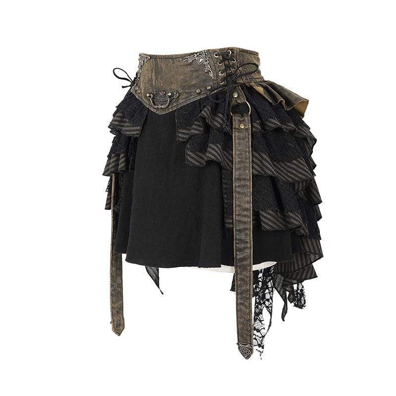 Women's Vintage Lace-up Sashes Ruffles Layered Skirts