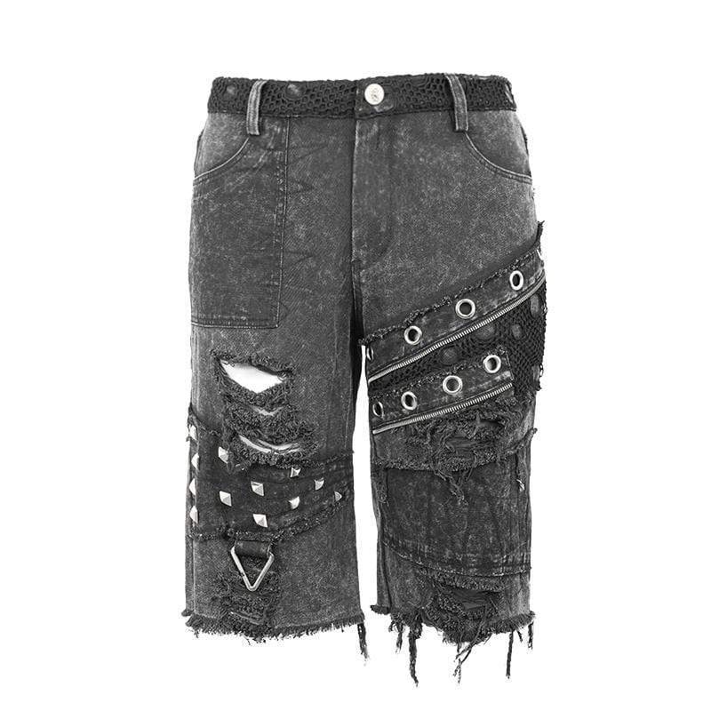 Men's Cut-out Ripped Rivets Holes Fifth Pants