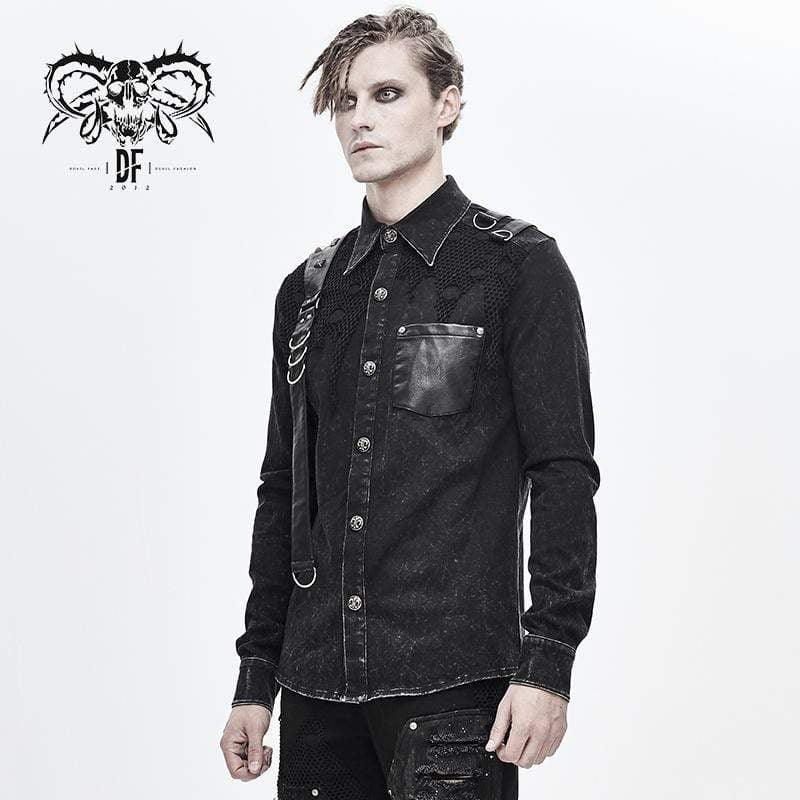 Men's Punk Mesh Applique Harness Denim Shirts