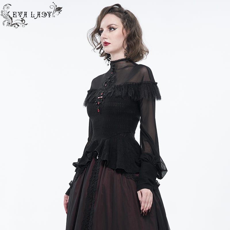 EVA LADY Women's Gothic Cape Sleeved Lace Ruffles Shirt