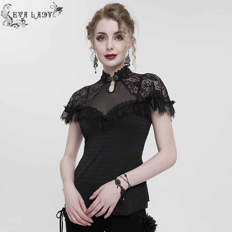EVA LADY Women's Gothic Cheongsam Collar Lace Splice Ruffled Shirt