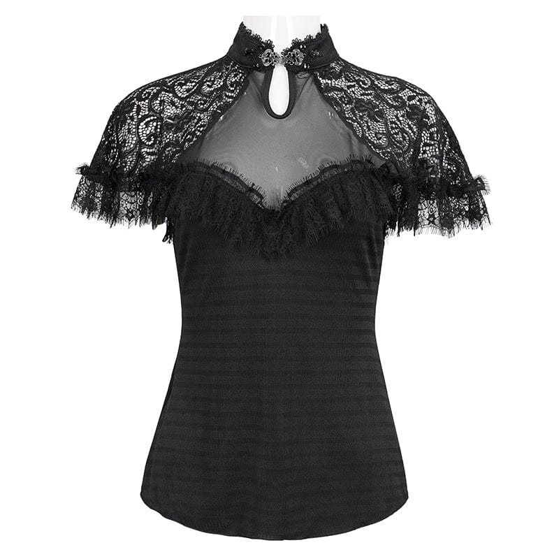 EVA LADY Women's Gothic Cheongsam Collar Lace Splice Ruffled Shirt