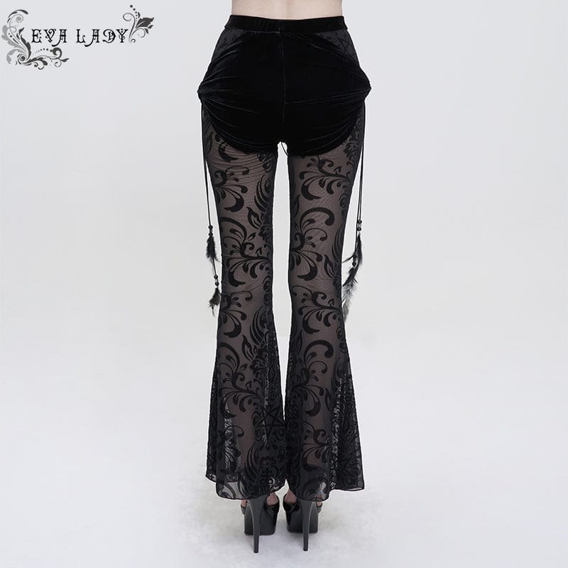 EVA LADY Women's Gothic Drawstring Mesh Splice Flared Pants