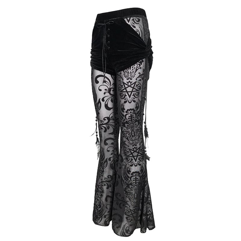 EVA LADY Women's Gothic Drawstring Mesh Splice Flared Pants