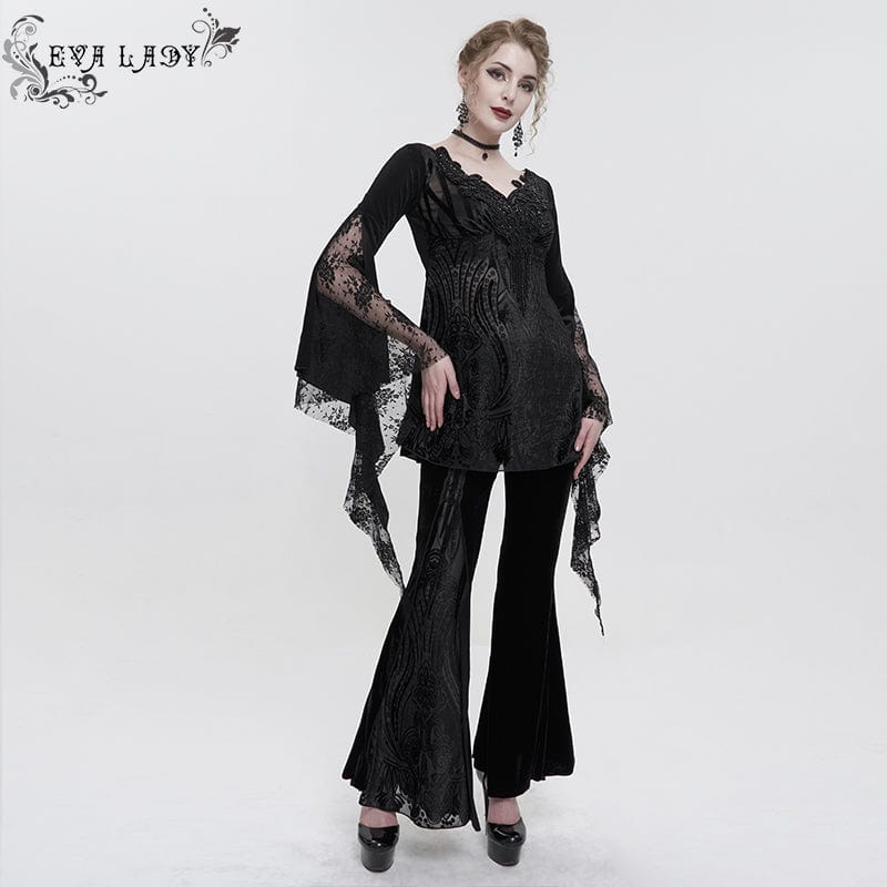 EVA LADY Women's Gothic Flared Sleeved Lace Splice Beaded Shirt