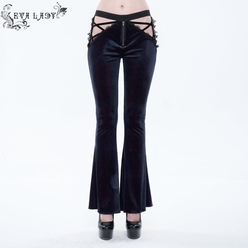 EVA LADY Women's Gothic Front Zip Side Cutout Velet Bell-bottoms