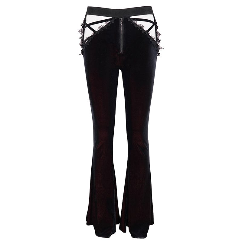 EVA LADY Women's Gothic Front Zip Side Cutout Velet Bell-bottoms