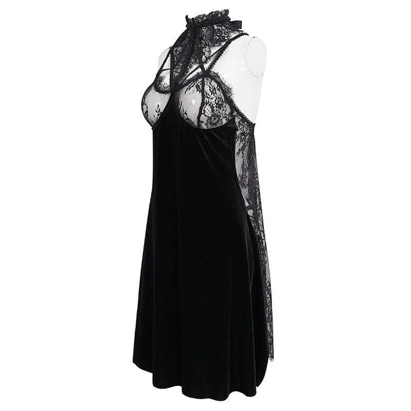 EVA LADY Women's Gothic Halterneck Backless Sexy Velet Nightgown