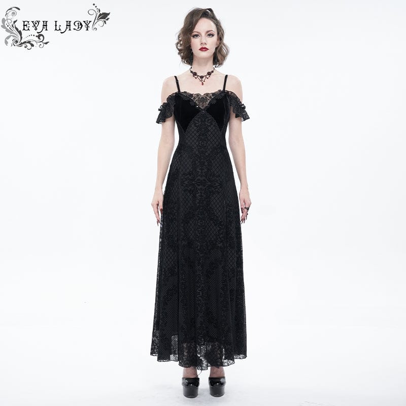 EVA LADY Women's Gothic Off Shoulder Side Slit Floral Lace Maxi Dress