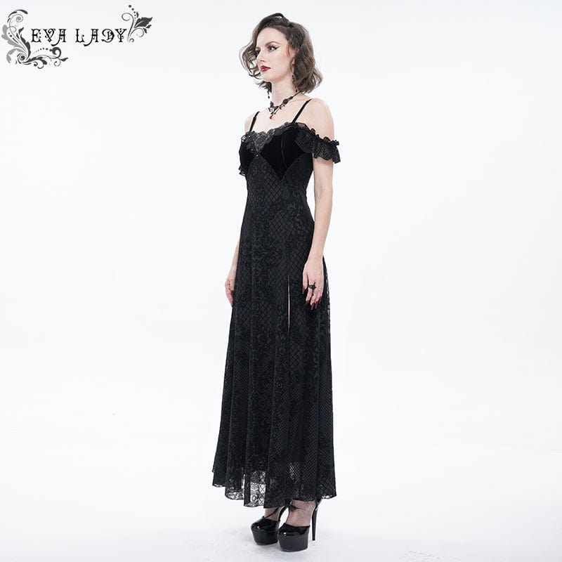 EVA LADY Women's Gothic Off Shoulder Side Slit Floral Lace Maxi Dress