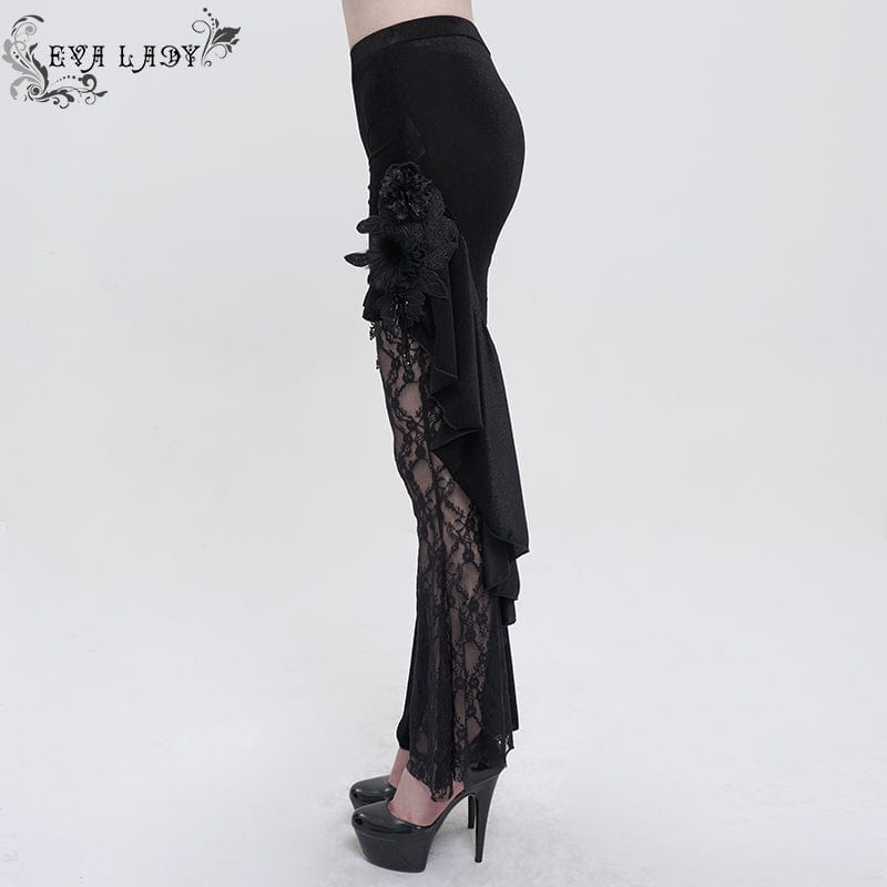EVA LADY Women's Gothic Strappy Lace Splice Flared Pants