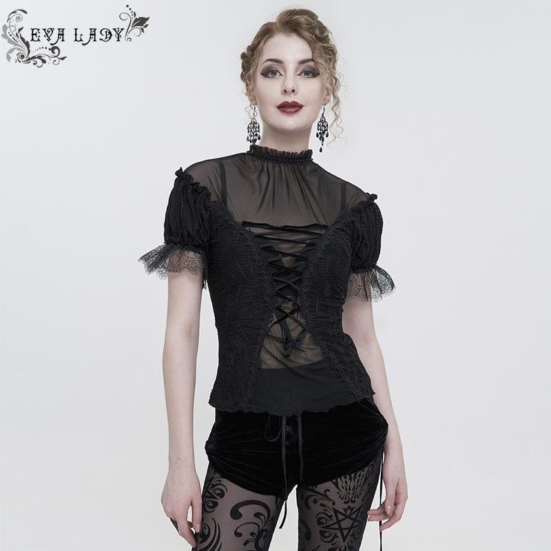 EVA LADY Women's Gothic Strappy Mesh Splice Beaded Shirt