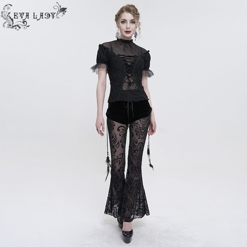 EVA LADY Women's Gothic Strappy Mesh Splice Beaded Shirt