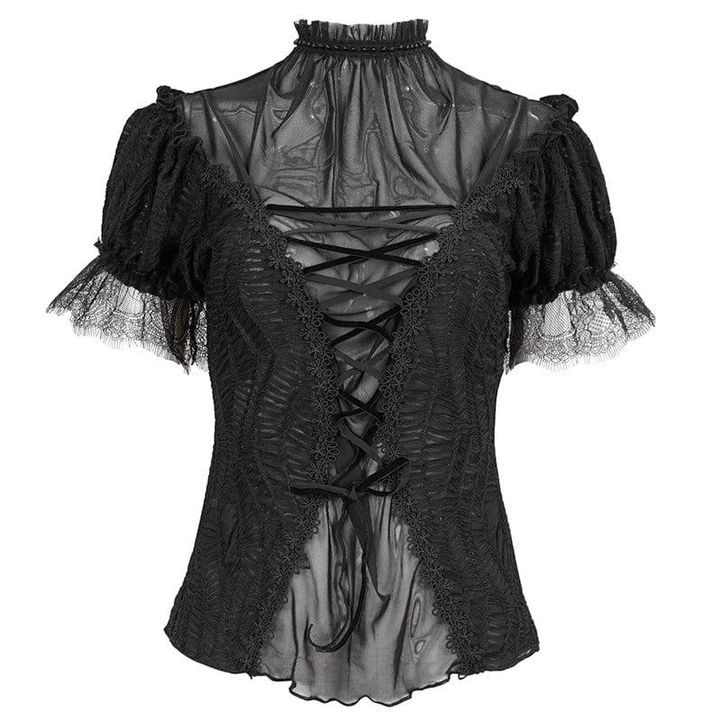 EVA LADY Women's Gothic Strappy Mesh Splice Beaded Shirt