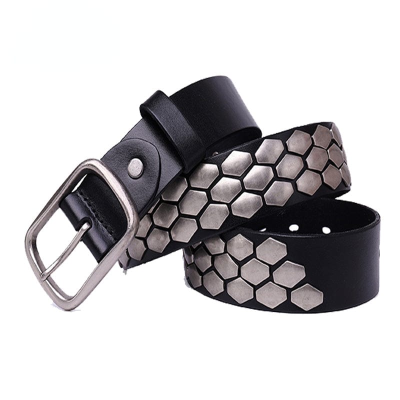 Kobine Men's Punk Fish Scale Flakes Rivets Leather Belt