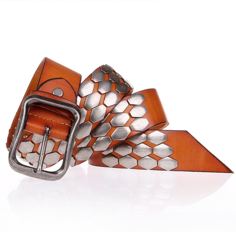 Kobine Men's Punk Fish Scale Flakes Rivets Leather Belt