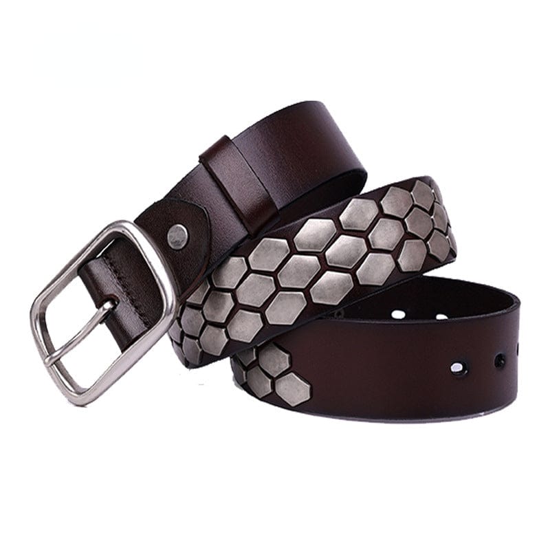 Kobine Men's Punk Fish Scale Flakes Rivets Leather Belt