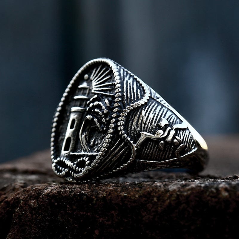 Kobine Men's Punk Lighthouse Engraved Ring