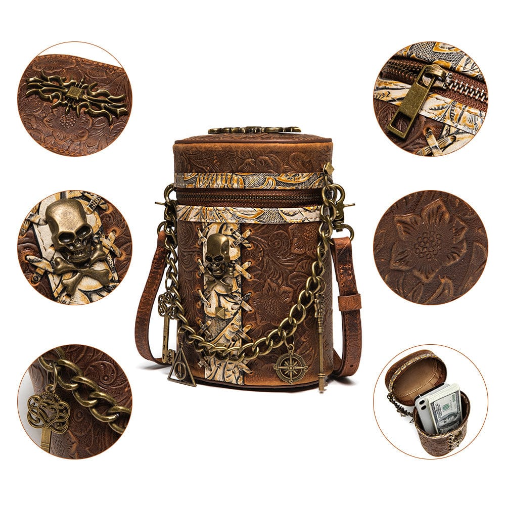 Kobine Unisex Steampunk Skull Embossed Bucket Bag with Chain