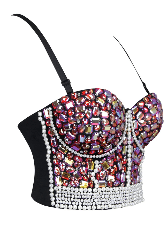 Women's Colorful Rhinestone Beaded Push Up Clubwear Bustier Crop Top Bra