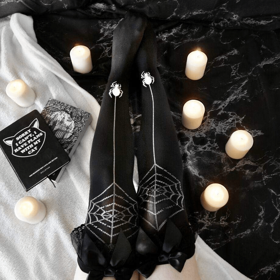 Women's Goth Spider Web Black Stockings With Bowknot