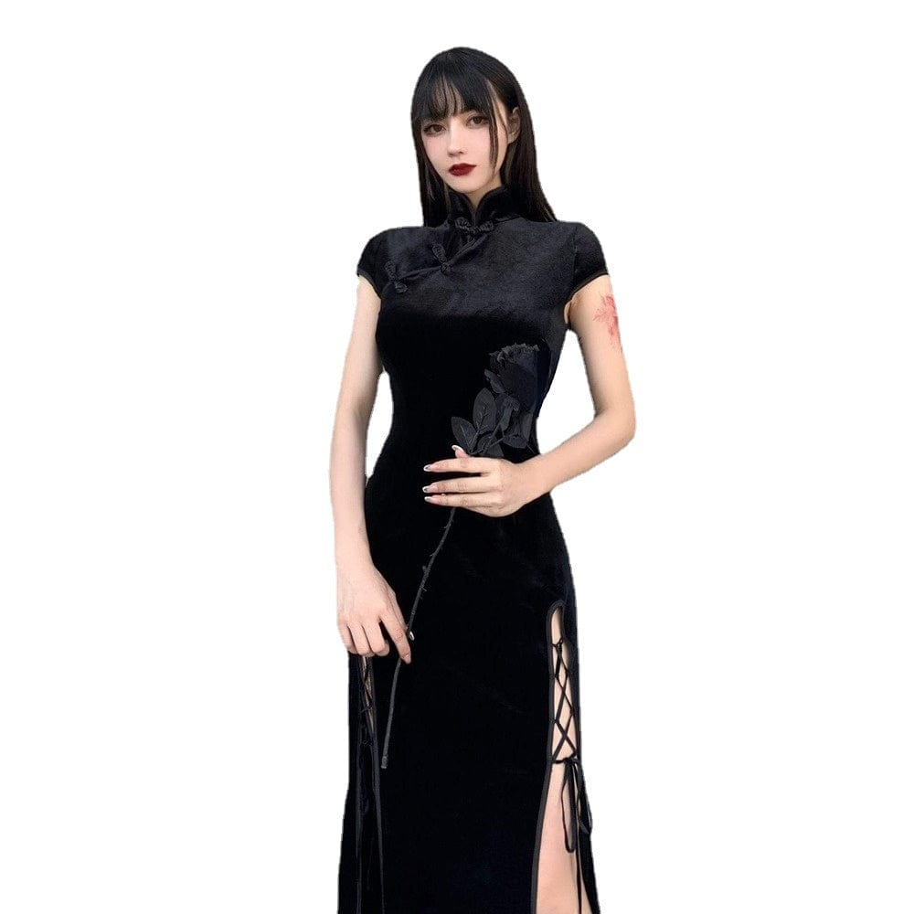 Kobine Women's Gothic Chinese Slit Velet Dresses